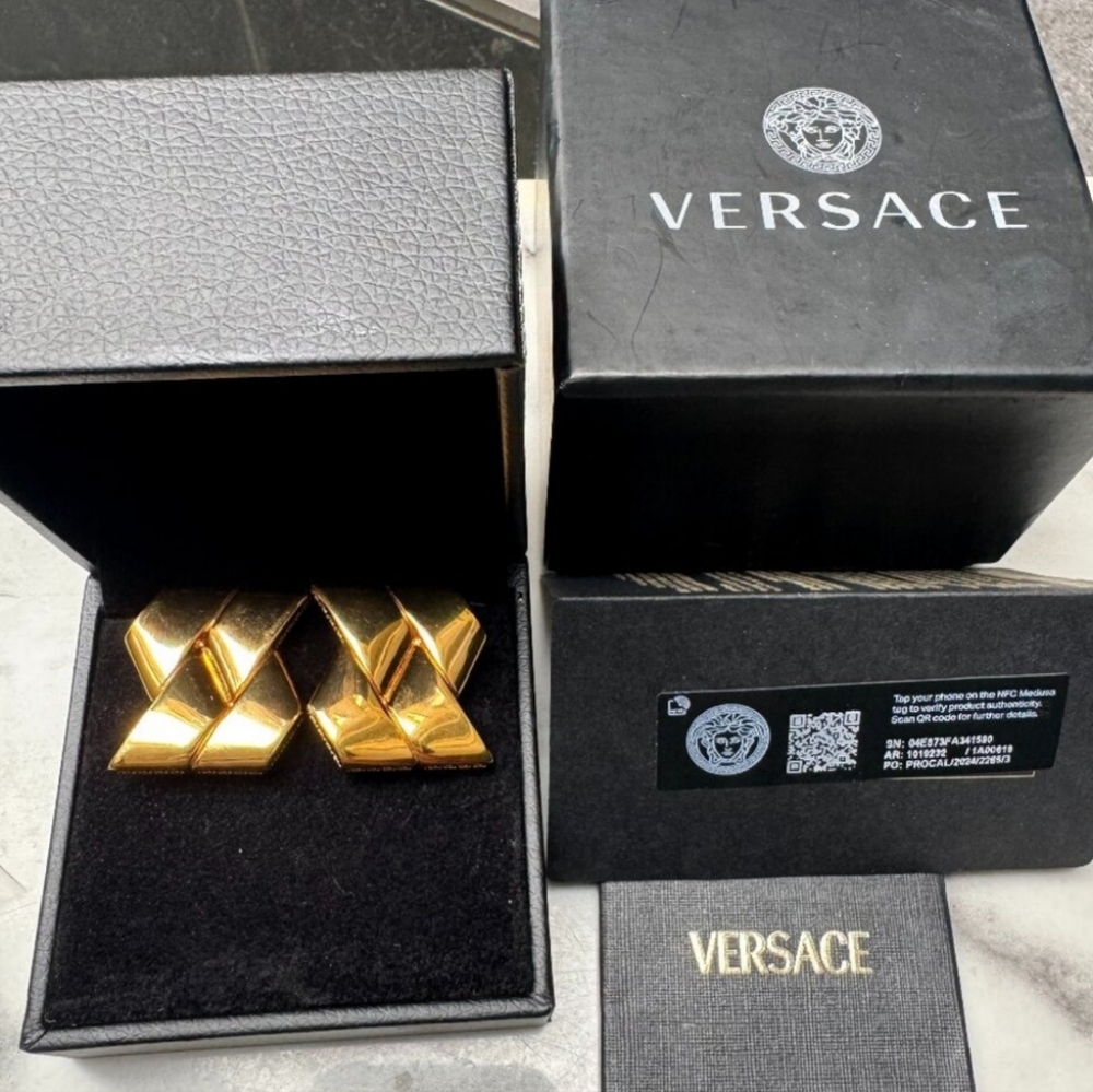 Versace Pierced Earrings w/ Greca engraving in Gold/ Gorgeous!